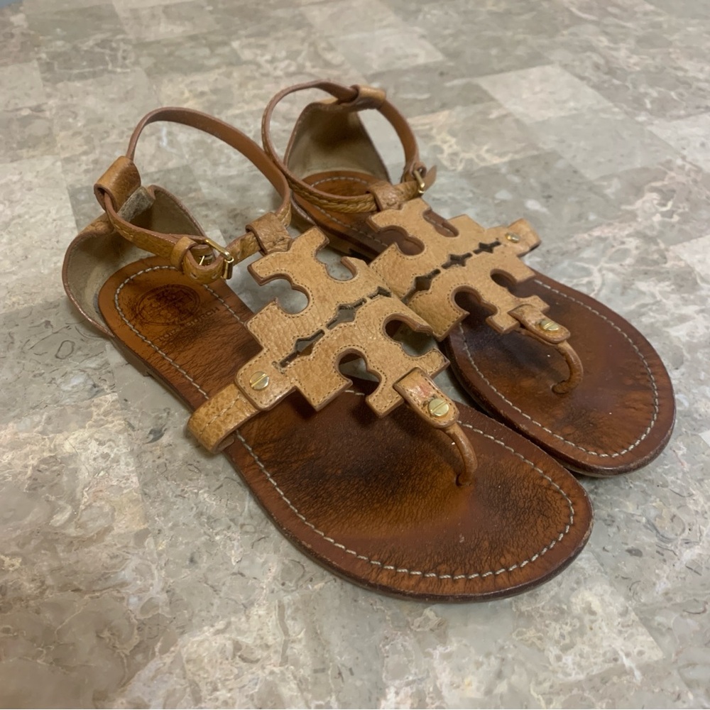 Tory Burch Phoebe Royal Tan Sandals Shoes Leather Womens 8 (should also fit 8.5)